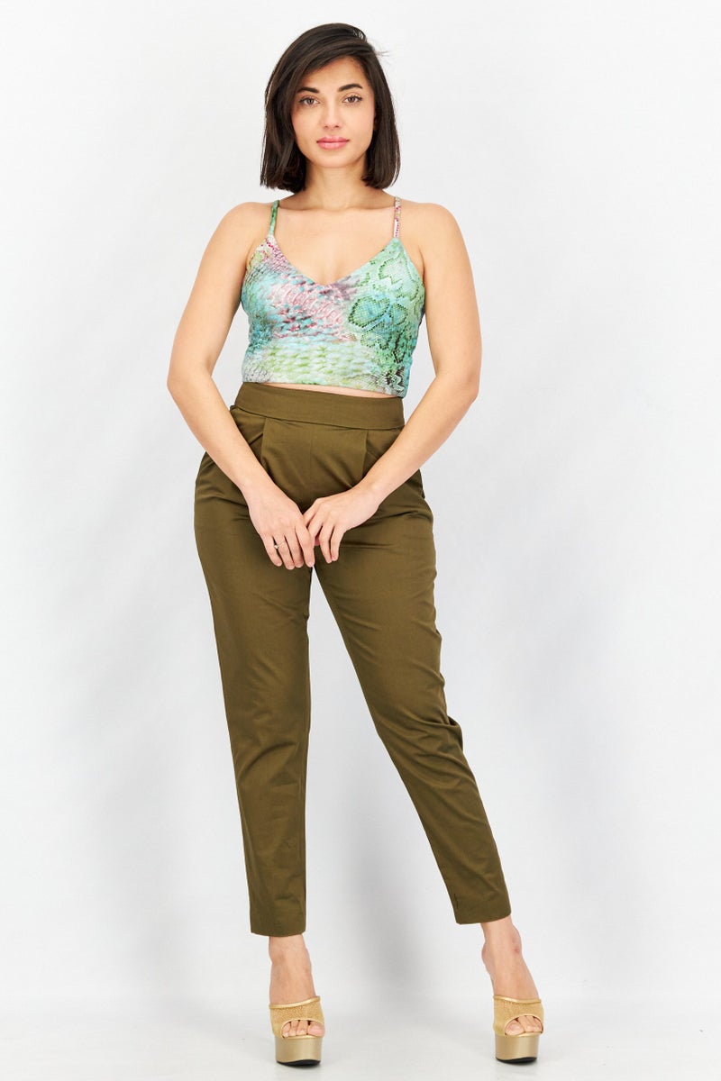 BB Dakota Women V Neck Sleeveless Allover Printed Crop Top, Green Combo - Image 4